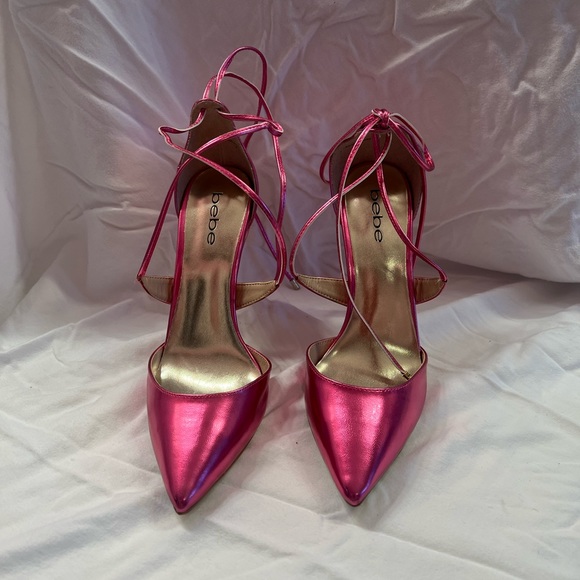 bebe Metallic Pink Strappy Pointed Toe Heels - Size 8 - Picture 2 of 6